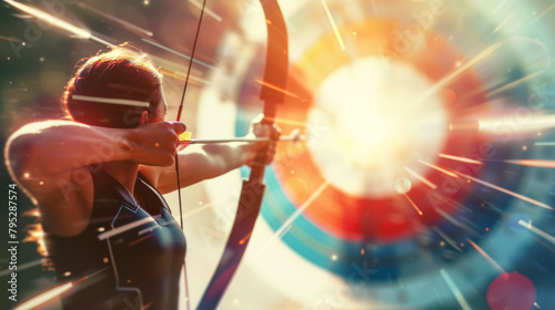 Competitive archery, bow arrow: focus intense concentration business goal achievement