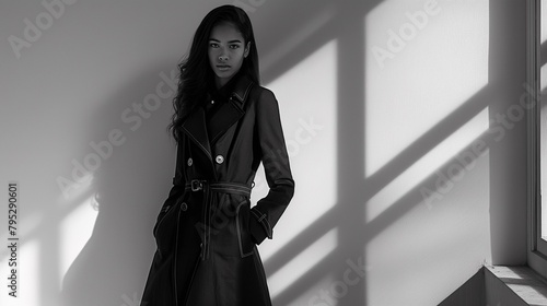 A Model Poses Wearing A Black Belted Trench Coat.
