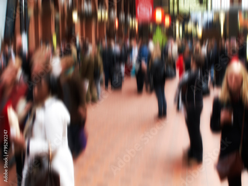 People, walking and train station with motion blur of busy sector for commute or travel in city. Group, community or crowd of population moving in town square, destination or public stop for tourists