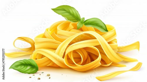 Pile of pasta with basil leaves on white background, staple food in cuisine. A classic Italian dish of al dente pasta topped with fresh basil leaves, served on a white tableware. 