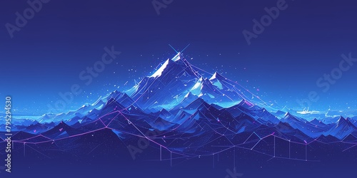 A neon glowing mountain range composed entirely from flowing lines and shapes. The mountains with sharp peaks that appear to rise out of an abstract landscape, illuminated