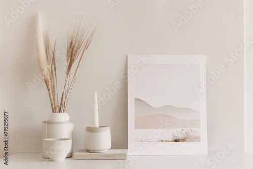 A minimalist still life image of a ceramic vase with wheat stalks, a ceramic candle holder with a candle, and a framed print of a desert landscape. The objects are arranged on a white table against a
