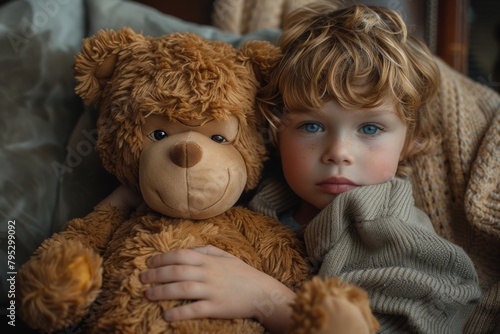 Young child with blue eyes calmly hugging a teddy bear, showing a sense of comfort and security