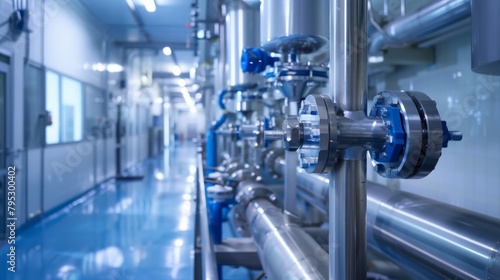 A clean and organized pharmaceutical plant where steel pipelines and valves are part of a sterile environment