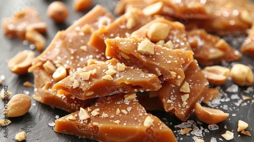 Hand breaking peanut brittle, showcasing textured shards and peanuts for a satisfying crunch.