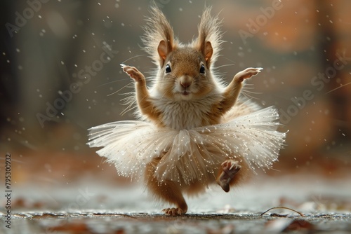 a squirrel wearing a tutu and dancing in the rain. Generative ai