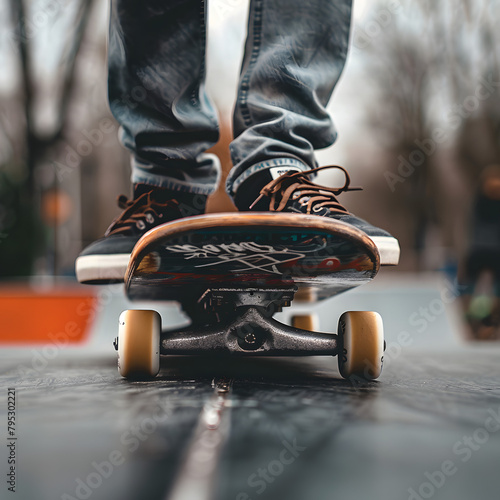 Portrait of teenager skateboarding on street, Close-up on sneakers.