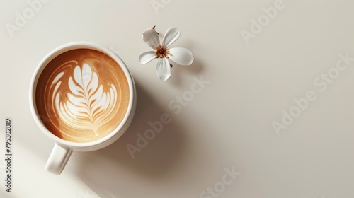 cup of coffee with jasmine flower decoration and copy space on white background for advertising poster banner design, 3d render