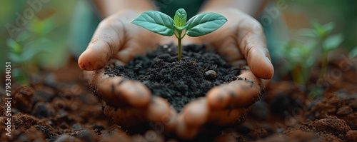 A close-up image of a person holding a small plant in their hands. The plant is surrounded by rich, dark soil, and the person's hands are cupping it gently. The image is taken from a slightly elevated