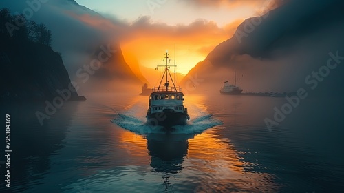 A boat sails through a narrow fjord, surrounded by steep mountains. The water is calm and still, and the sky is a deep orange.