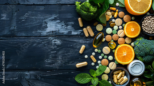 Composition with text VITAMIN K pills and healthy products