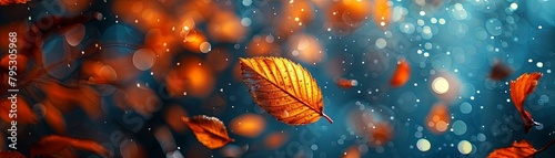 Falling leaves in autumn colors against a blurred background with bokeh effect.