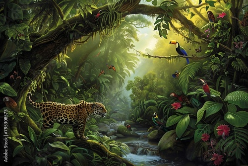 A dense tropical rainforest scene sunlight