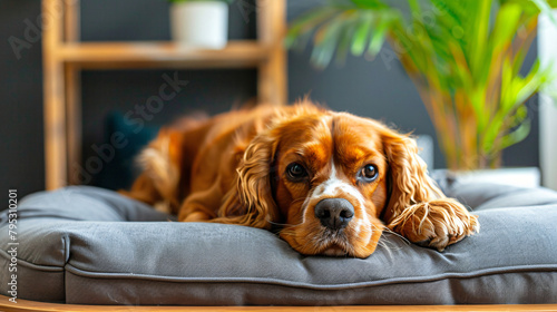 Cute cocker spaniel on pet bed in living room