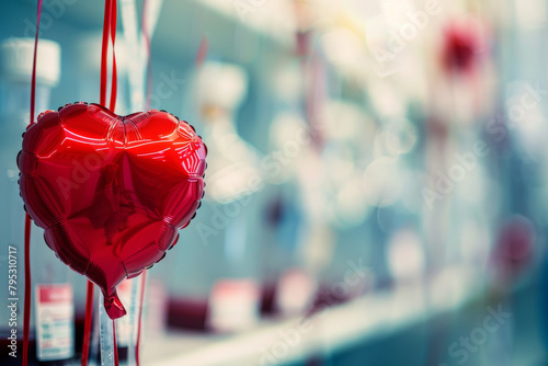 Abstract image of a heart-shaped red balloon on a blurry background in a hospital, world blood donor day, 14 june