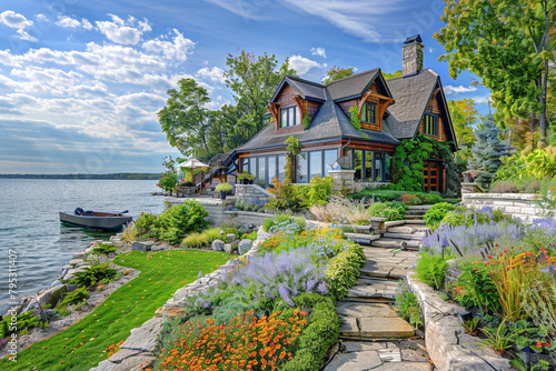 A lakefront Craftsman home with a boathouse, natural stone retaining walls, and landscaped gardens leading down to the water, perfect for lakeside living.