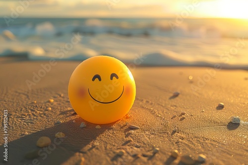 cute smiling yellow ball on beach sand summer vibes optimism and happiness 3d illustration