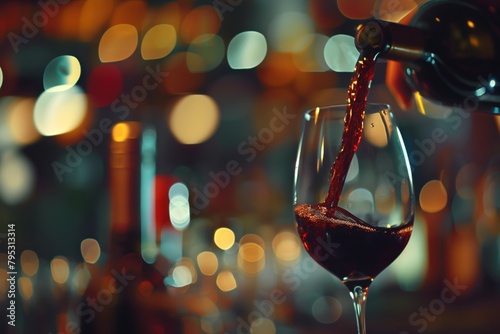 Red wine being poured into a glass against a backdrop of blurred lights.