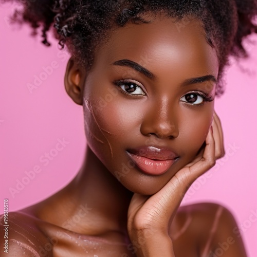 A beautiful young African-American woman proudly displaying stretch marks on her body against a pink background, captured in a closeup.