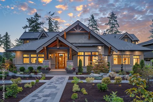 The front view of a cool slate gray craftsman cottage style house, with a triple pitched roof, curated landscaping, a welcoming walkway, and premium curb appeal, epitomizing contemporary elegance.