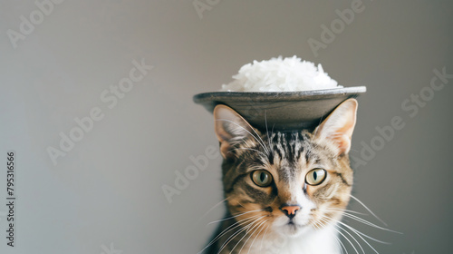 頭の上にご飯を載せられている猫