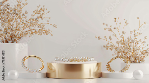 Decorative podiums with beautiful jewelry on table 