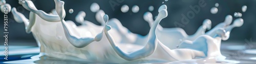Splash of milk on a blue surface, showcasing the fluid dynamics and artistic expression of this transparent liquid event