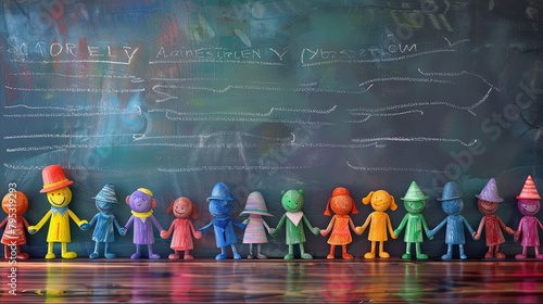 A row of colorful plastic figurines holding hands in front of a chalkboard with musical notes drawn on it.