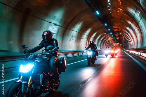A convoy of high-performance motorcycles roaring through a tunnel, their lights reflecting off the curved walls