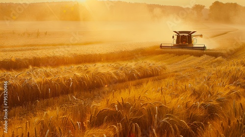 A farmer harvesting golden wheat in a vast field, using a combine harvester to gather the ripe grain under the golden sunlight.