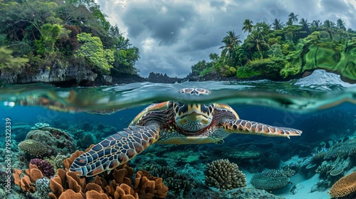 An endangered hawksbill sea turtle gracefully glides over a coral reef off Yap Island in Micronesia. Hawksbill turtles are well known for their beautiful shells and distinctive beak-like jaws.