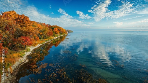 A scenic overlook of a vast and wide freshwater lake, with colorful autumn foliage lining the shoreline and reflecting in the calm waters below.