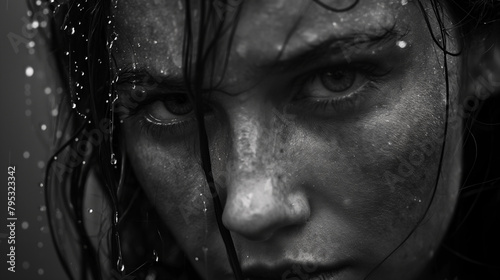 An intense black and white close-up of a woman's face partially covered in water droplets, highlighting her fierce and focused gaze. 