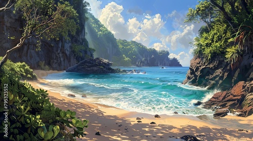 A serene beach scene with gentle waves lapping against the shore of a secluded sandy cove, surrounded by dramatic cliffs and lush tropical vegetation,