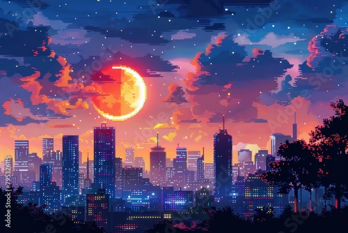 A pixelated cityscape with a large orange moon in the background. The sky is dark blue and there are some clouds. The buildings are mostly blue and there are some trees in the foreground.