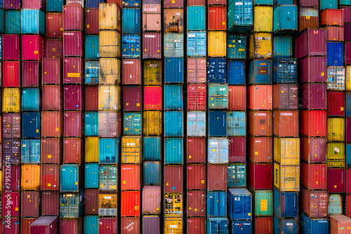 The intricate network of a container depot, showing a pattern of stacked containers ready for global dispatch