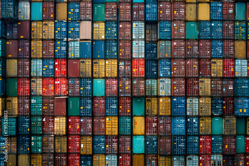 The intricate network of a container depot, showing a pattern of stacked containers ready for global dispatch