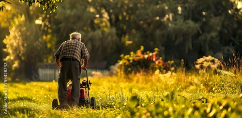 Senior takes pleasure in mowing the lawn, surrounded by the garden’s soft, golden light