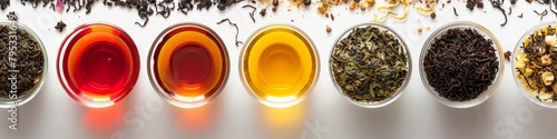An array of tea leaves and flowers on a white surface. Includes green, black, oolong leaves with roses, lavender, chamomile flowers, creating a visually appealing display.