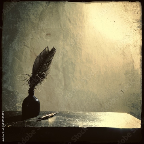 A feather quill rests in a black inkwell on a wooden table.