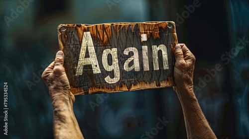 A pair of hands holding a sign with the word "again" written on it.