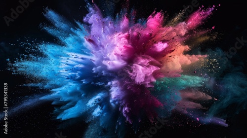 Vibrant explosion of multicolored particles and smoke against a stark black background, capturing the dynamic energy of impact.