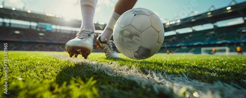 Soccer player's feet stepping on a soccer ball for kick-off in the stadium.