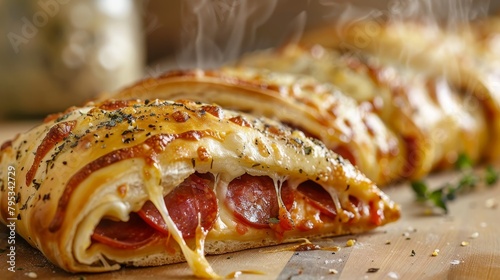 Pepperoni and cheese calzone close-up, with a focus on the texture and steam, set against an isolated, pure background, studio lighting