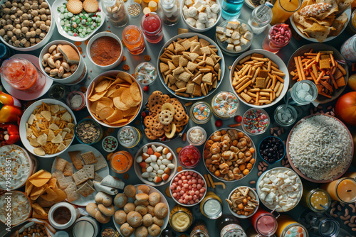shot of a table full of processed junk food and sugary drinks, symbolizing the factors contributing to obesity in developed countries