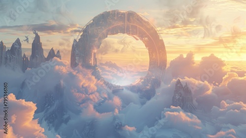 Gateway to digital dreamscapes A portal suspended in the sky among clouds offers a glimpse into a vivid digital world blurring the lines between reality and cyberspace