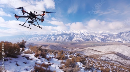 High-altitude drone capturing aerial footage of a landscape for scientific research