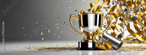 A Championship cup or winner trophy in golden and silver shiny chrome with celebration confetti and ribbon decoration with copy space area, on plain isolated background, white backdrop