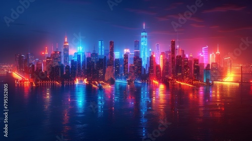 Cityscape of New York City with blue and red lights reflecting off the water at night.