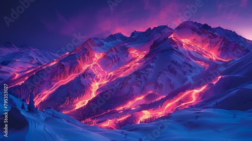 A mountain range with glowing purple lava flowing down the ski slopes at night.